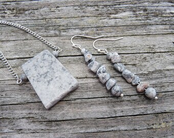 Black Picasso Jasper Jewelry Set // Jasper Gemstone Necklace and Earrings Set // Handmade Gray Jasper Gemstone Jewelry Set