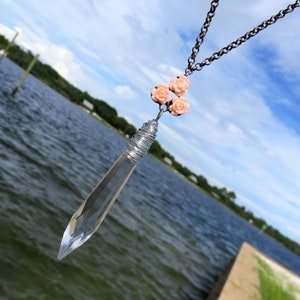 Peach Flower and Vintage Icicle Prism Necklace // Long Crystal Prism Necklace // Pink Flower Necklace