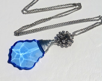 Blue French Cut Crystal Necklace // Silver Wire Wrapped Blue Prism Necklace // Blue Chandelier Prism Necklace
