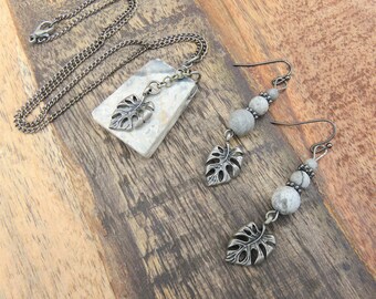 Black Picasso Jasper and Silver Palm Leaf Jewelry Set // Jasper Gemstone Necklace and Earrings Set // Trapazoid Stone Necklace