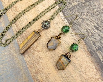 Tiger's Eye Necklace and Earring Set // Tiger Eye Gemstone Arrow Bead Earrings // Tiger's Eye Stick Bead Necklace