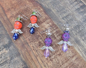 Handmade Halloween Earrings // Fun Halloween Earrings // Colorful Skull Earrings // Sugar Skull Angel Earrings