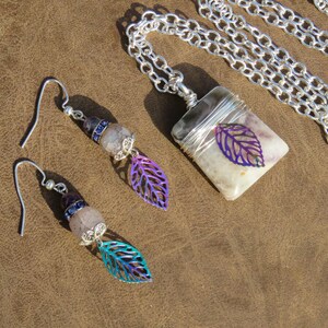 Silver Wire Wrapped Amethyst Necklace // Amethyst Jewelry Set // Rainbow Leaf Amethyst Earrings