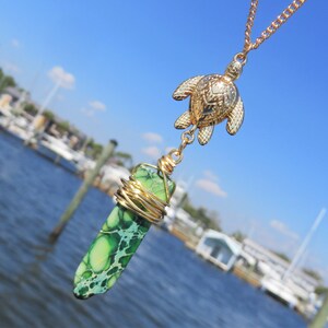Wire Wrapped Imperial Jasper Turtle Necklace // Gold Sea Turtle Necklace // Handmade Green Imperial Jasper Statement Necklace