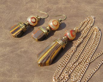 Tiger's Eye Jewelry Set // Tiger's Eye Necklace and Earring Set // Tiger Eye Gemstone Bead Earrings // Tiger's Eye Arrow Bead Necklace