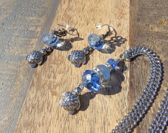 Silver Sea Turtle Necklace and Earring Set // Beach Jewelry Set // Blue Sea Turtle Necklace // Blue Sea Turtle Earrings