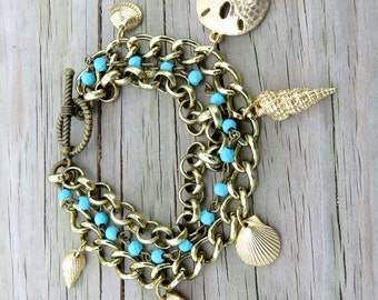 Gold Seashore Charm Bracelet // Multi-Chain Gold and Brass Bracelet with Vintage Seashell Charms