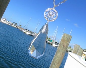 Rare Vintage Geometric Crystal Necklace // Vintage Silver Wire Wrapped Crystal Necklace // Silver Filigree and Crystal Necklace
