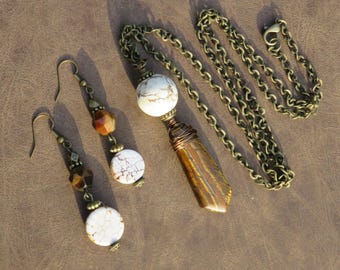 Tiger's Eye and Agate Jewelry Set // Agate Necklace and Earring Set // Wire Wrapped Tiger's Eye Necklace // Tiger's Eye Earrings