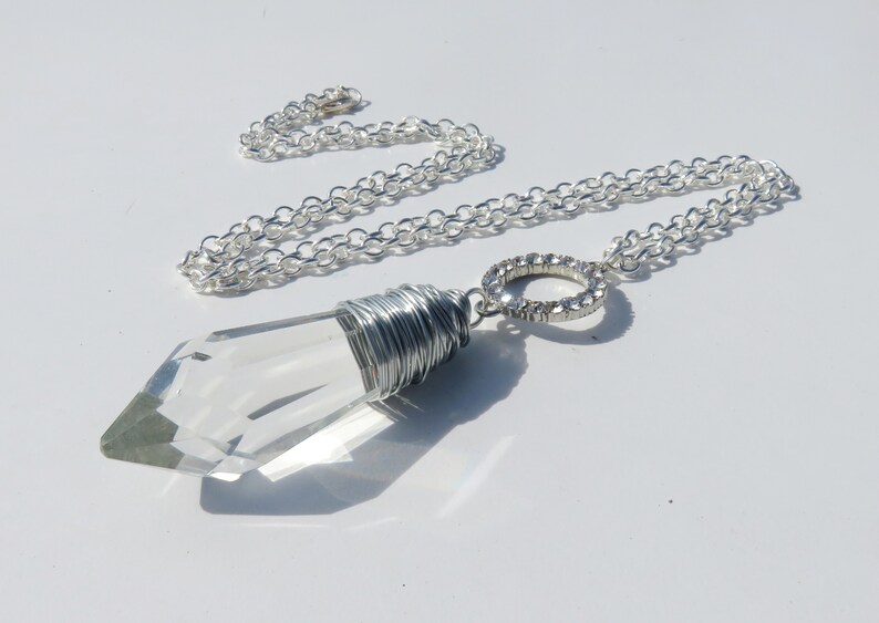 Vintage Wire Wrapped Crystal Prism Necklace // Silver Rhinestone Circle