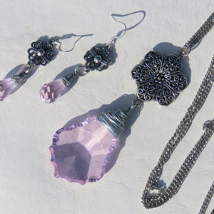 Vintage Pink French Cut Crystal Prism Necklace // Pink Crystal Prism Flower Jewelry Set // Pink Crystal Flower Earrings