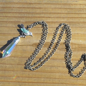 Aurora Borealis Crystal Prism Necklace // Wire Wrapped Icicle Crystal Necklace // Silver Bird and Chandelier Crystal Necklace