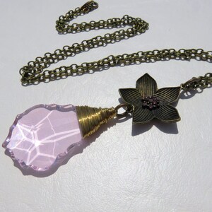 Bronze Flower and Vintage Pink Prism Necklace // Pink French Cut Crystal Necklace // Gold Wire Wrapped Chandelier Crystal Prism Necklace