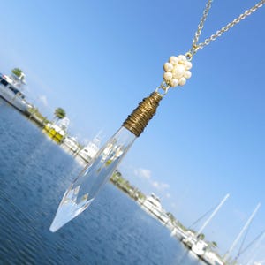 Vintage Gold Wire Wrapped Icicle Crystal Prism Necklace // Gold Pearl Flower and Vintage Prism Necklace