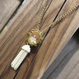 Upcycled Vintage Jewelry Necklace // White Tassel Necklace // Vintage Floral Necklace // Floral Tassel Necklace