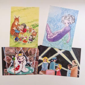 Conjunto de postales ilustradas por Keiko Fukuyama, postal vintage, artista de manga japonesa