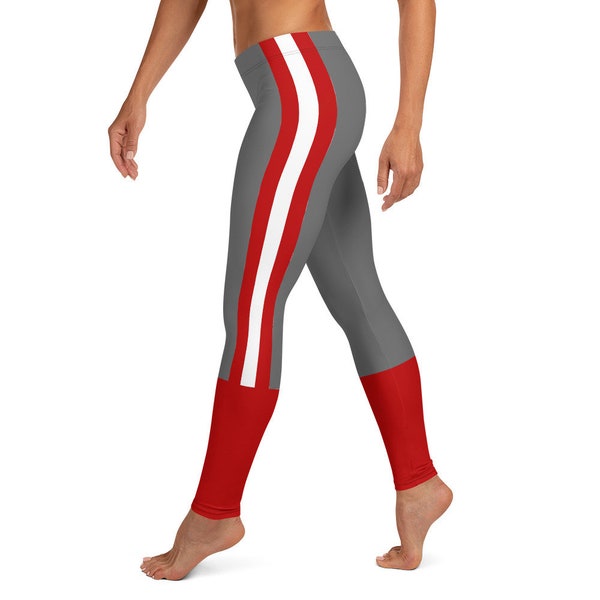 Ohio State Fan/Team Colors With Scarlet-Grey-White Striped/Cute Ladies Football Style Sports Leggings