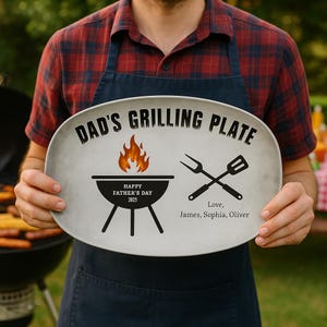 Personalized Dad or Grandpa Grilling Platter – Custom BBQ Plate with Kids&#39; Names – Father&#39;s Day Gift