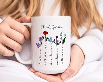 Custom Mother's Day Color Birth Flower Mug/ Personalized Children Names With Ending Heart/ Child Month Of Flower/ Mother's Birthday Gift