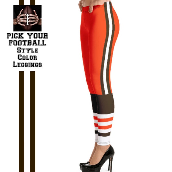 Cleveland Football Uniform/Team Colors With Brown White Stripes/Ladies Football Style Sports Leggings