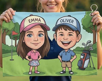 Toalla de golf personalizada con dibujos animados, caricatura de golfista personalizada, arte para mascotas infantiles, accesorio de golf