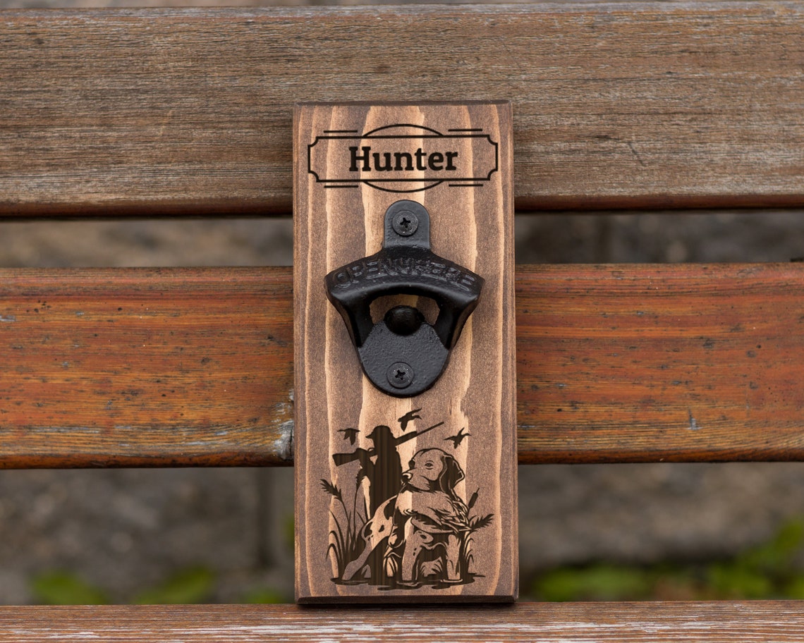 Personalized  Wall Hanging Bottle Opener with Duck Hunter and Dog 
