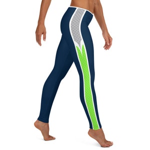 Seattle Fan/Team Colors With Navy-Green-Gray Striped/Cute Ladies Football Style Sports Leggings