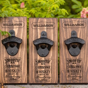 Personalized Wall Mount Bottle Opener: Walnut Stained Lodgepole Pine, Man Cave Decor