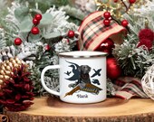 Personalized Black Lab Duck Hunting Dog 12oz Camping Enamel Coated Metal Mug Customized With Dogs Name Duck Hunter Gift Lab Dog Lover