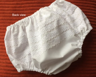 Plain White Nappy Cover with Frilly Lace Bottom, Bloomers, Diaper Cover, Over-Nappy Cover