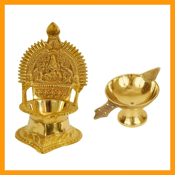 Set of 2 Pure Brass 1 Brass Diya 1 Kamakshi Deepam Arti Diya Deepak Lamp Deep Diya Stand