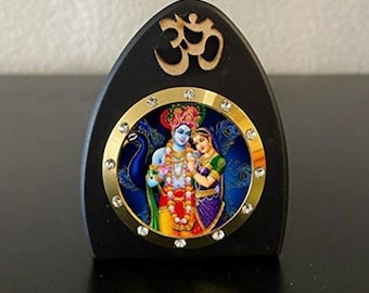 Radha Krishna Hinduism Statue Wooden Frame for Car Dashboard Home Office Temple Mandir