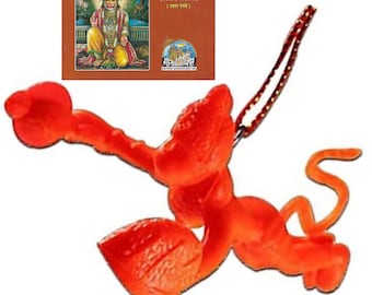 Shri Hanuman Chalisa in Hindi with Red Text and Flying Hanuman Car Decoration Rear View Mirror Hanging Accessories Orange