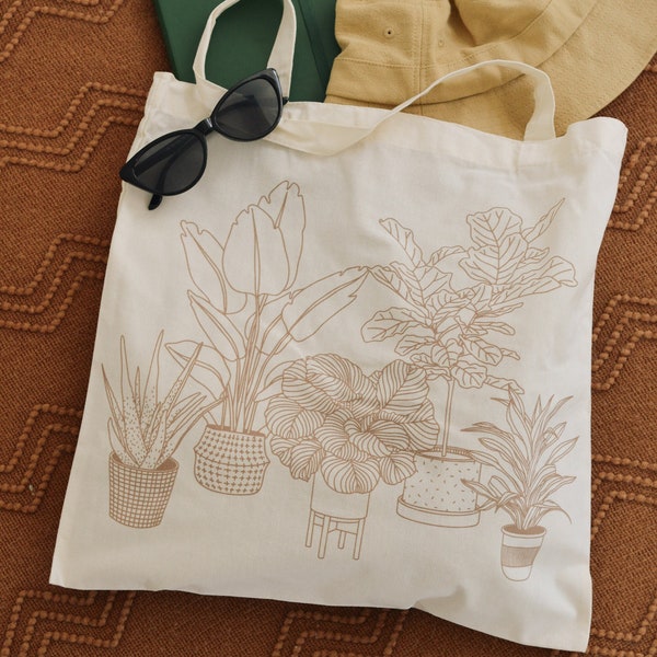 House Plants Canvas Tote Bag | Shoulder Bag | Market Tote | Grocery Bag | Plant Line Art | Book Bag | Eco Friendly Bag | Plant Illustration