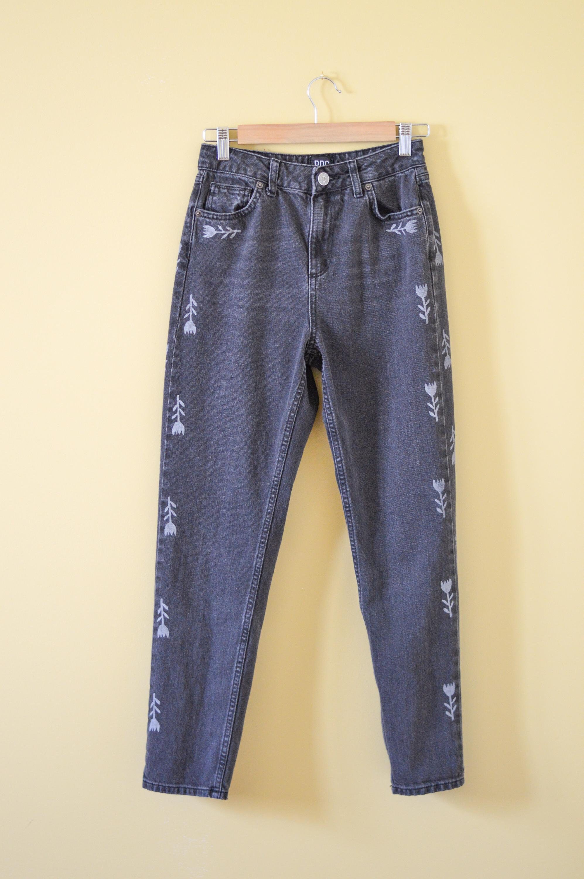Flower Print Black Jeans - Block Printed Thrifted Denim Flower Print Black Jeans - Block Printed Thrifted Denim