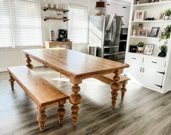 Custom Balled Turned Leg Table, Chunky Balled Farmhouse Table, Large Modern Table, Custom Dining Table, Bulb Leg Table, Modern Farm Table