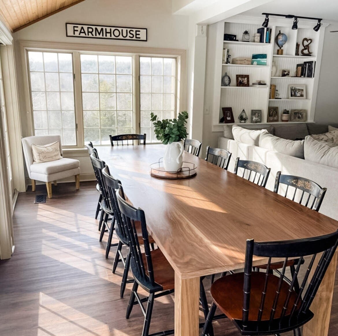 Farmhouse table with black cheap chairs