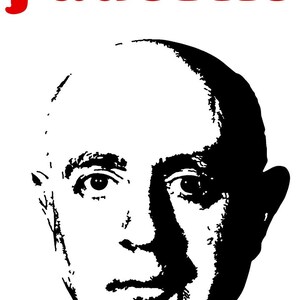 May include: Black and white silhouette of a man's face with the text "j'adorno" in red letters above the image.