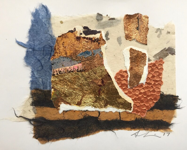 Original Abstract Etching collage with Leaf