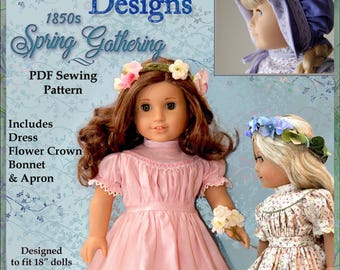 Jaren 1850 prairiepopjurk motorkap schort bloemenkroon outfit naaipatroon voor poppen 18" (pdf)