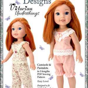 Könnte beinhalten: Zwei Puppen in viktorianischer Puppenkleidung. Eine Puppe trägt ein Oberteil und eine Hose mit Blumenmuster, die andere ein rosa Oberteil und Shorts. Das Bild enthält den Text "Dollhouse Designs Victorian Underthings".