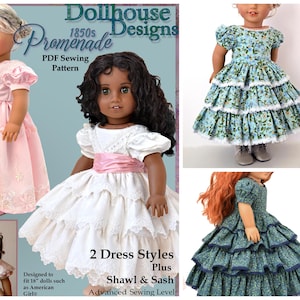 May include: A PDF sewing pattern for 1850s doll dresses. The image shows three dolls wearing different dresses, including a pink dress, a white dress with a pink sash, and a blue floral dress. The pattern includes two dress styles, a shawl, and a sash.