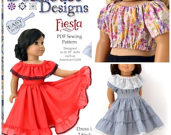 Fiesta Peasant Dress and Boho Top PDF Sewing Pattern Fits AG, OG 18" Dolls