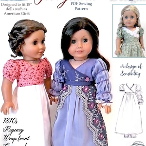 May include: Two dolls wearing Regency-style gowns. One doll is in a pink floral top with a white skirt, the other in a lavender gown with floral and lace details. The image includes text: "Dollhouse Designs," "Georgiana," and "1810s Regency Wrap front Gown w/ Overskirt."