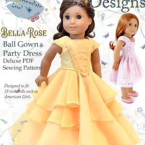 Può includere: Una bambola con un abito da ballo e da festa giallo a strati. L'immagine è un modello di cucito per bambole da 45,7 cm, comprese le bambole American Girl. Il testo recita "Bella Rose Ball Gown & Party Dress Deluxe PDF Sewing Pattern."