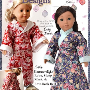 Könnte beinhalten: Zwei Puppen in Kimono-Roben. Eine Puppe trägt einen roten Blumen-Kimono mit weißer Verzierung, die andere einen blauen Blumen-Kimono. Das Bild enthält Text: "Dollhouse Designs" und "Kyoto Robe PDF Sewing Pattern". Das Design ist für 45,7 cm große Puppen.