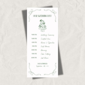 Może przedstawiać: Harmonogram dnia ślubu z ręcznie rysowanym obrazkiem tortu weselnego. Harmonogram zawiera godziny ceremonii ślubnej, przyjęcia koktajlowego, kolacji i przemówień, pierwszych tańców, tańców, krojenia tortu i ostatniego tańca. Tekst na dole brzmi "Mae & Thomas, 11 września 2011."