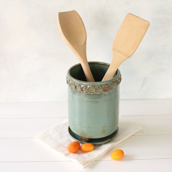 Ceramic utensil holder utensil crock green kitchenware Etsy