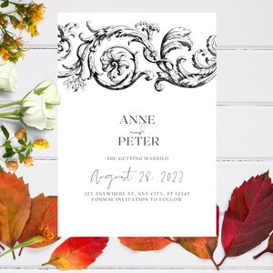 Könnte beinhalten: Eine Save-the-Date-Ankündigungskarte mit einem schwarzen und weißen verzierten Design oben. Der Text lautet "Anne und Peter heiraten am 28. August 2023 123 Anywhere St, Any City, ST 12345 Formelle Einladung folgt."