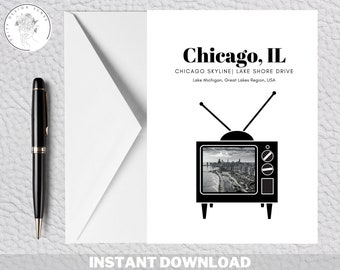 Tarjeta imprimible de Chicago Illinois / Impresión de plantilla descargable de arte digital / Descarga instantánea en casa Regalo para amigo, ella, él / Saludos
